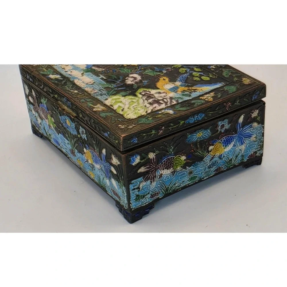 Vintage Chinese Cloisonne Enamel Jewelry Box Bird Koi Fish Champleve Wood Lined